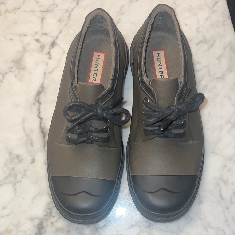 Hunter Women's Black and Khaki Lace-Up Rain Shoes (rare)